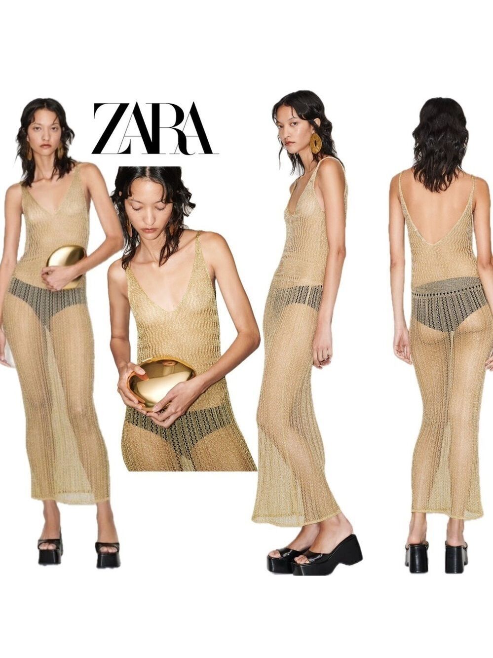 ZARA GOLD FITTED METALLIC THREAD CROCHET KNIT SPAGHETTI STRAP MIDI MAXI DRESS M - Picture 12 of 12